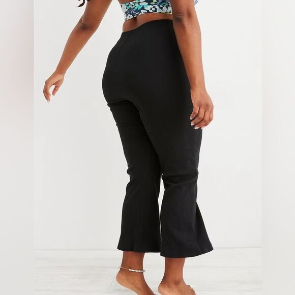 NWT Aerie Green Size L Flared High Waist Kick Flare Ribbed Pants Cropped Cotton - Picture 12 of 12
